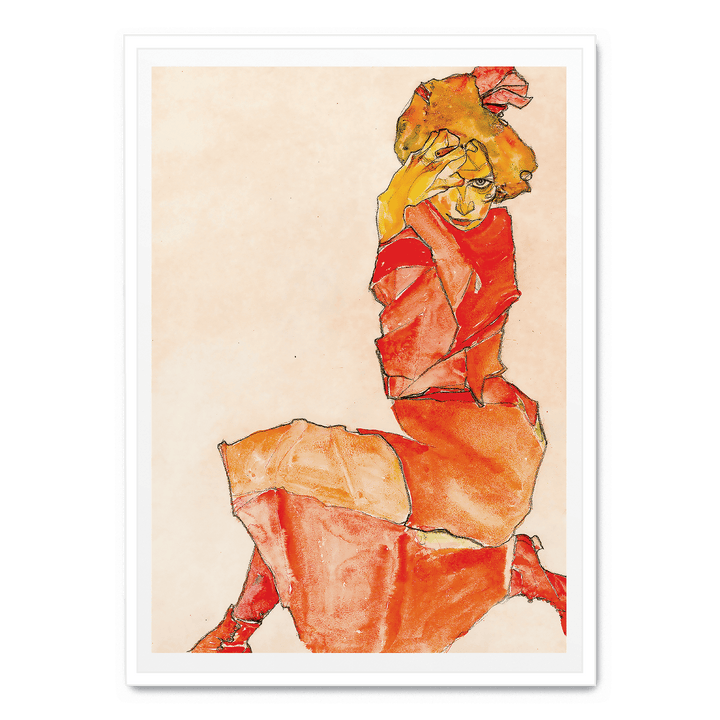 Kniende In Orange Rotem Kleid