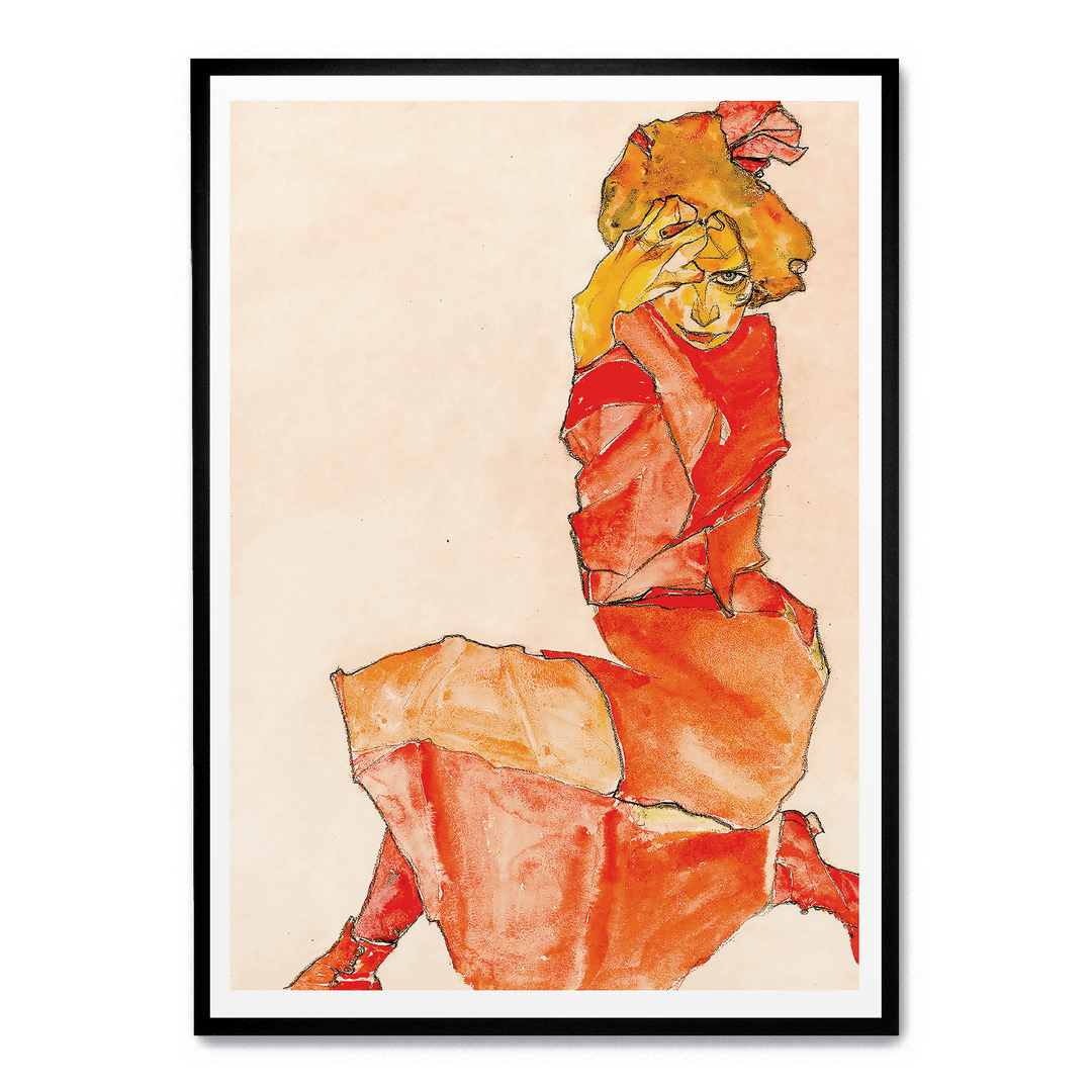 Kniende In Orange Rotem Kleid