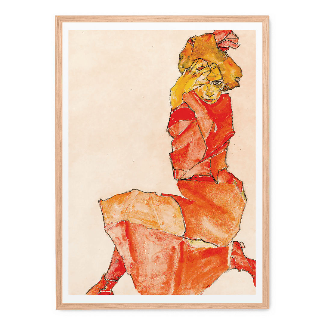 Kniende In Orange Rotem Kleid